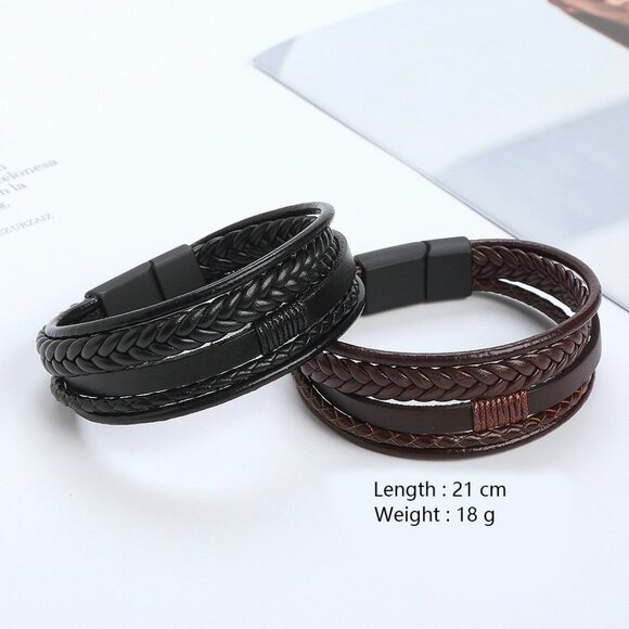 3/$35 Men's Black Multi-Layer Braided Leather Bracelet Magnetic Clasp Urban Bike - Picture 6 of 6
